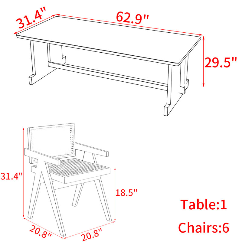 Ensemble de table de salle à manger en bois massif de style japonais, H 29,5 po x L 62,9 po x l 31,4 po