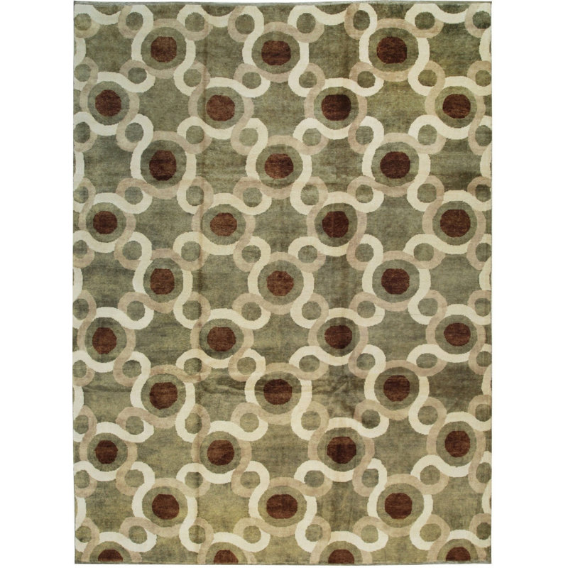 9x12 Green Hand-Knotted Wool Orbiting Concentrics Geometric Modern Contemporary Carpet Rug