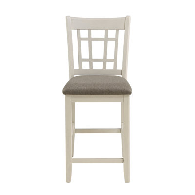 2Pc Counter Height Chairs In Antique White Finish - Upholstered Brown Seat For Soft Eating Style Dining Spot