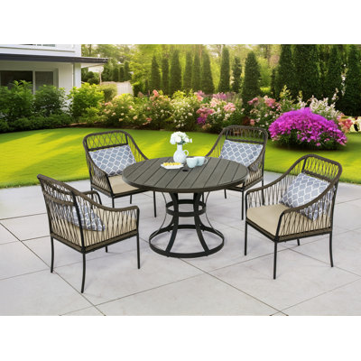 5Pc Patio Set With Circular Table And 4 Chairs With Pillows And Cushion