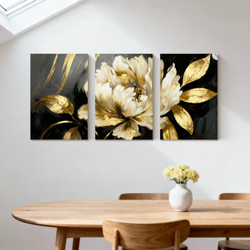 Pivoine noire et or, ensemble de 3 impressions sur toile, H 30 po x l 60 po