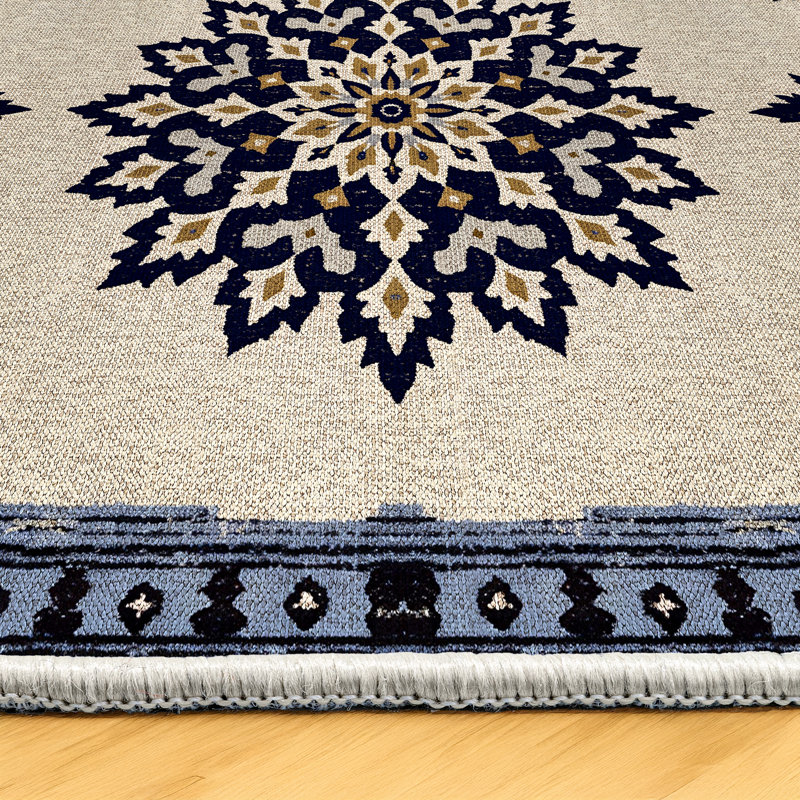 Palmyra Collection Digital Print Cotton-Polyester Navy Floral Rug, Runner 3'4" x 16'5"