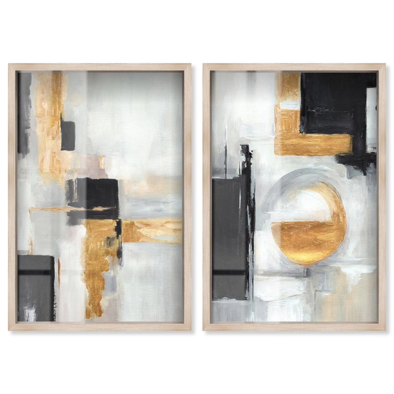 «Silent Rift Shadowbox», ensemble d'art abstrait par Art Remedy, cadre blond, 30 x 45, H 46 po x l 31 po, Cadre blond