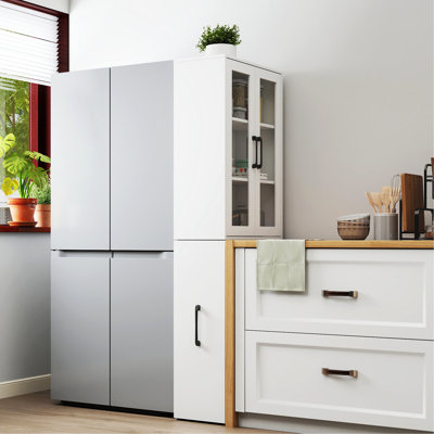 70.87" H Display Storage  Cabinet , 4 Tier multi-functional pull-out multi-tier storage shelf & 2 Glass Doors, Modern Wooden  Kitchen Pantry Cabinet for Living Room or Kitchen and Dinning Room