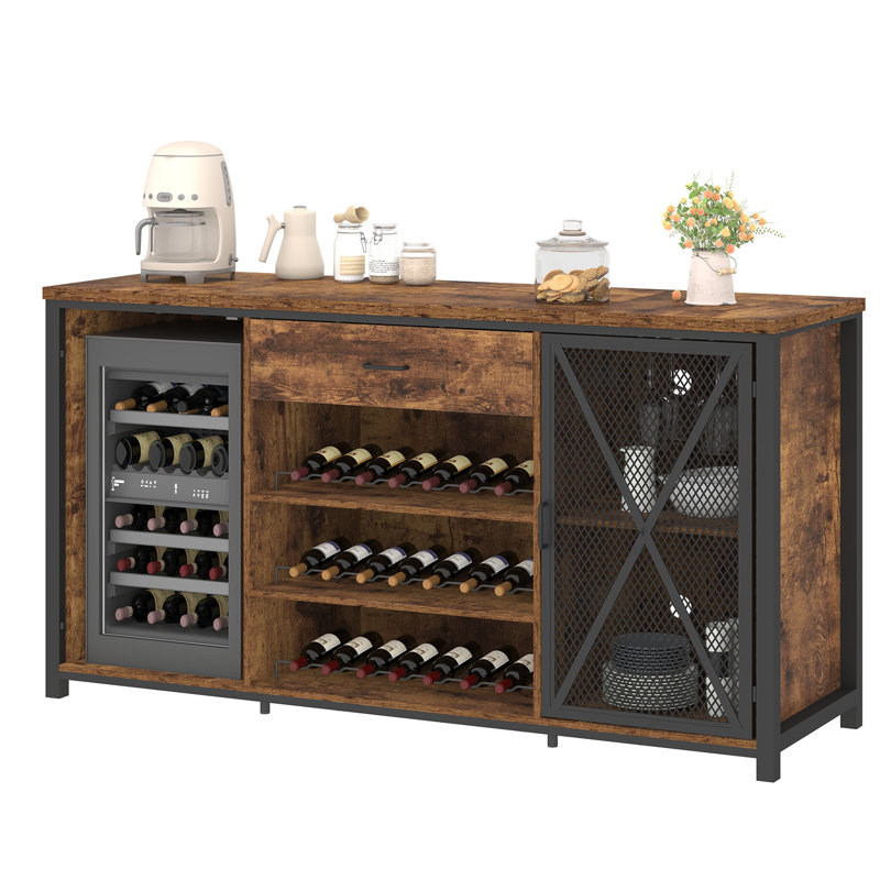 Armoire de bar 70 pouces avec espace réfrigérateur et porte-bouteilles long avec tiroir, armoire à vin en métal rustique avec buffet pour salle à manger