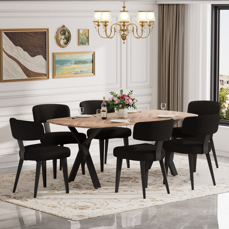71in Rectangle MDF Pedestal Dining Set, 7 Pieces: Table, 6 Chairs
