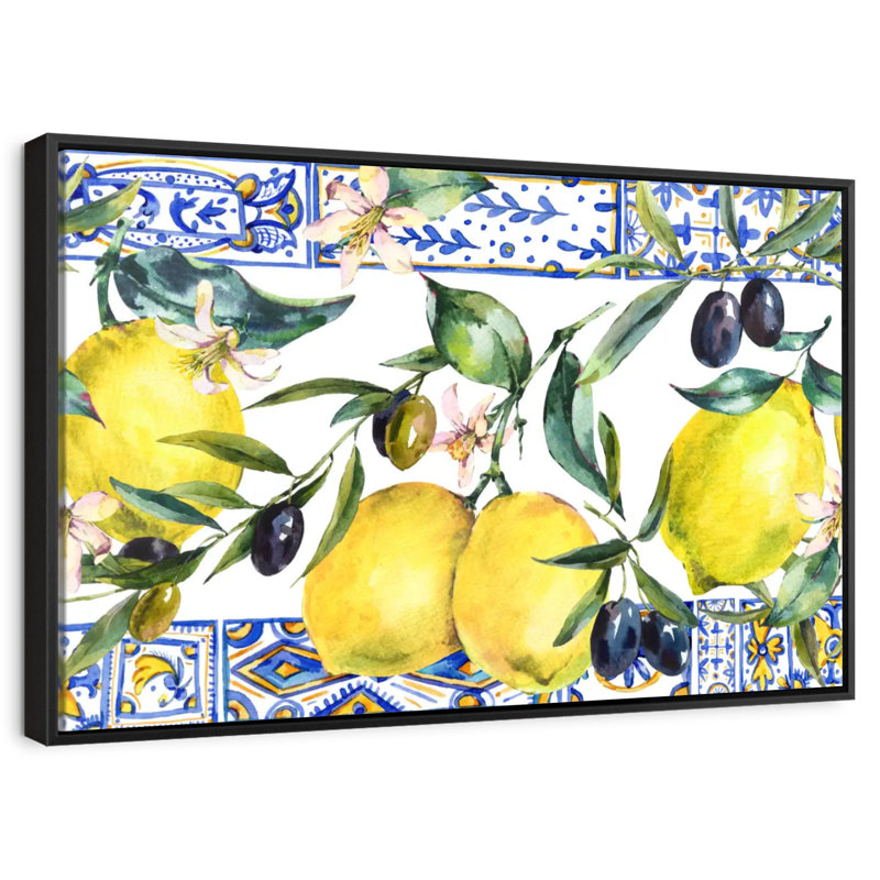 Citrons et olives, 19 po x 13 po, Cadre flottant noir