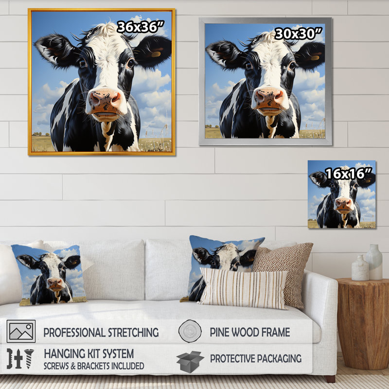 Vache noire et blanche broutant les prés II, H 16 po x l 16 po x P 1 po, Toile tendue