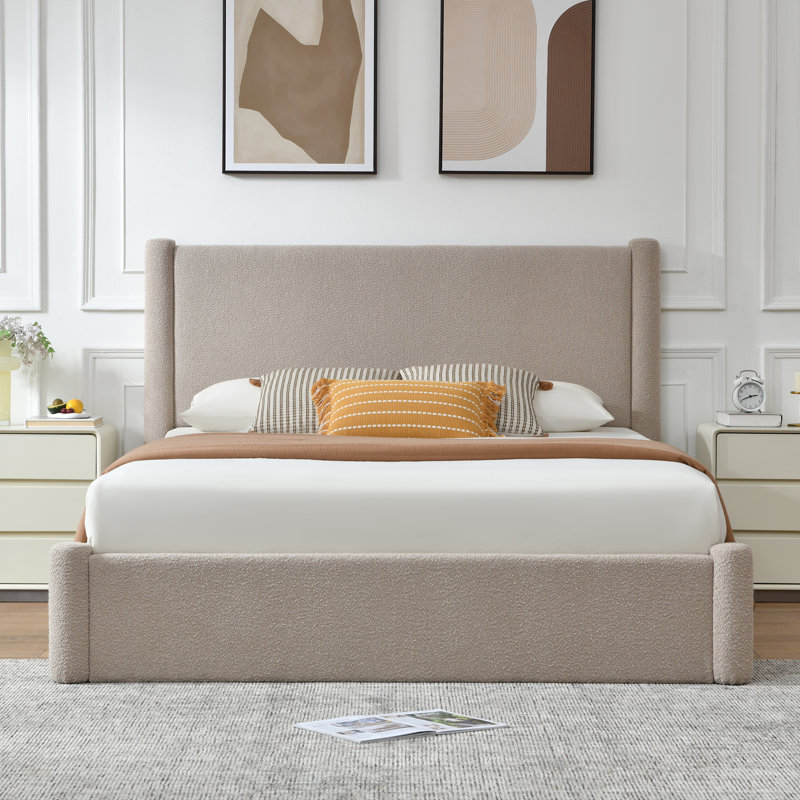 Braya Luxury Boucle Hydraulic Lift Up Storage Upholstered Platform Bedwith Rounded Bolster Design,Beige,Queen, Boucle Beige
