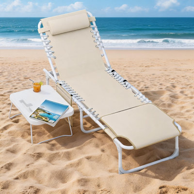 Chaise longue de bronzage 3 en 1 avec trou pour le visage, lit de bronzage extérieur pliable et table d'appoint, chaise de piscine bleu marine, capacité de 330 lb, meubles de patio portables, beige