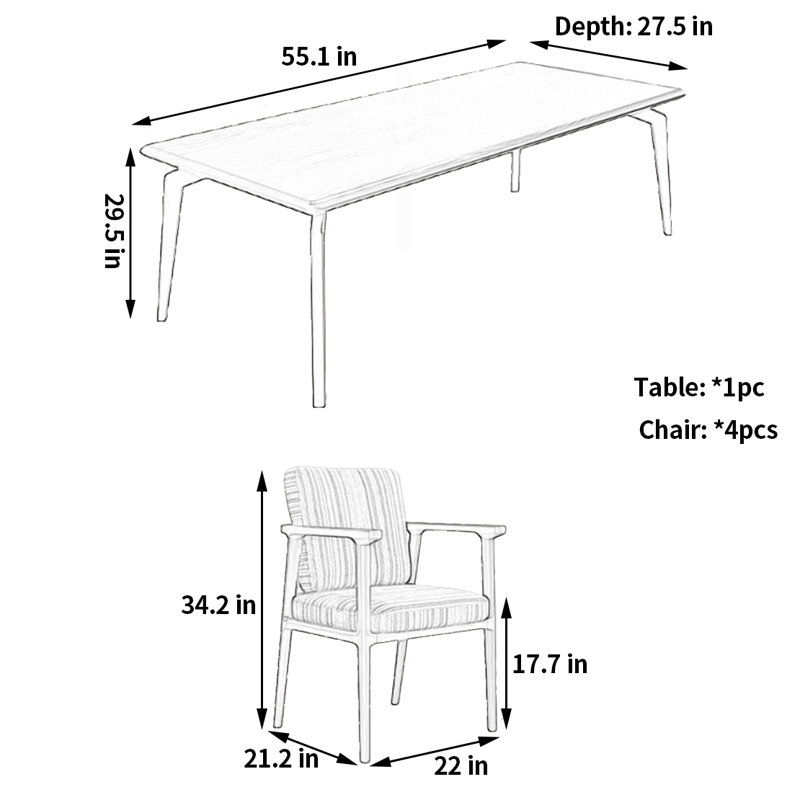 Table à manger et chaise en bois massif Classic Vintage, 5, H 29,5 po x L 55,1 po x l 27,5 po