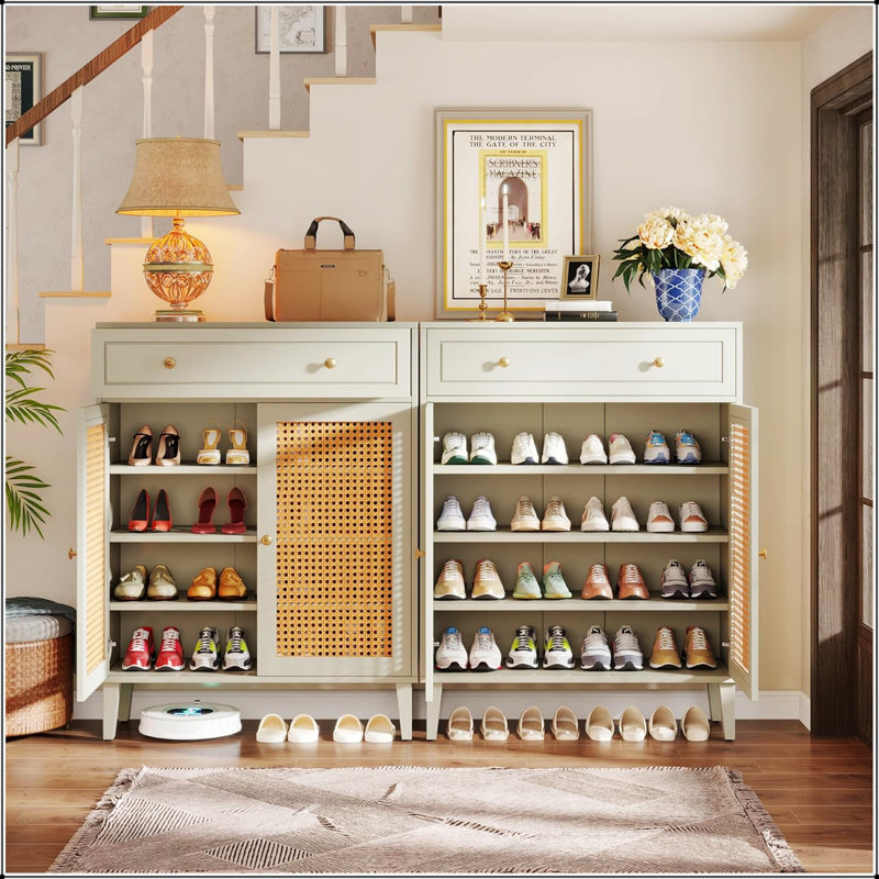 Armoire à chaussures 31,49 pouces en bois vert menthe avec portes en rotin et tiroir, rangement à 4 niveaux