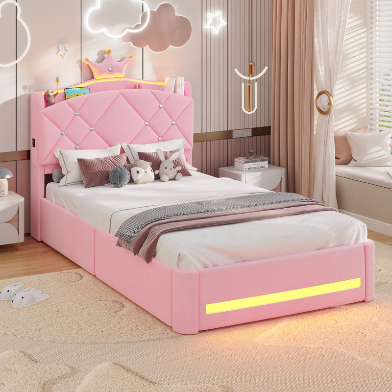 Pink Velvet Crown Princess Bed with LED Storage Headboard, 2 Drawers & Charging Station, Tufted Platform Bed Frame for Girls, No Box Spring Needed