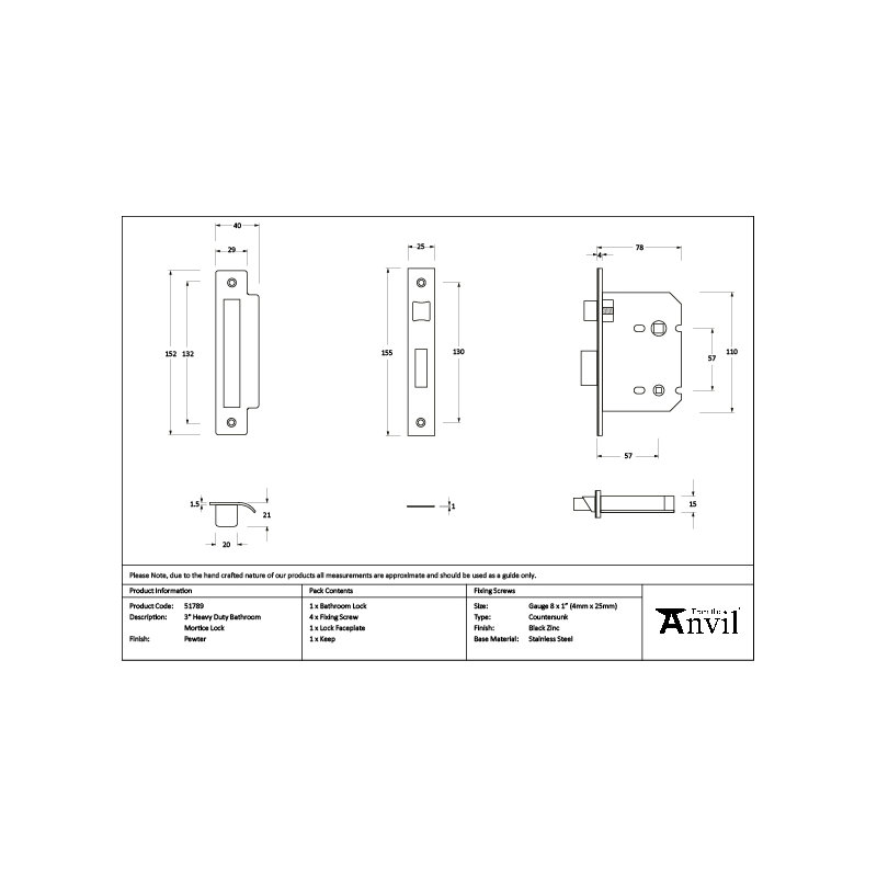 Polished SS 3" Heavy Duty Bathroom Mortice Lock, Pewter Patina