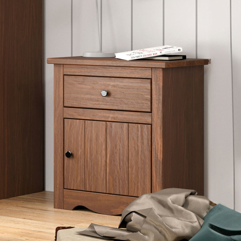 Table de chevet Stav, 1 tiroir et porte, 25 pouces, style planche, bois massif, Brun acajou