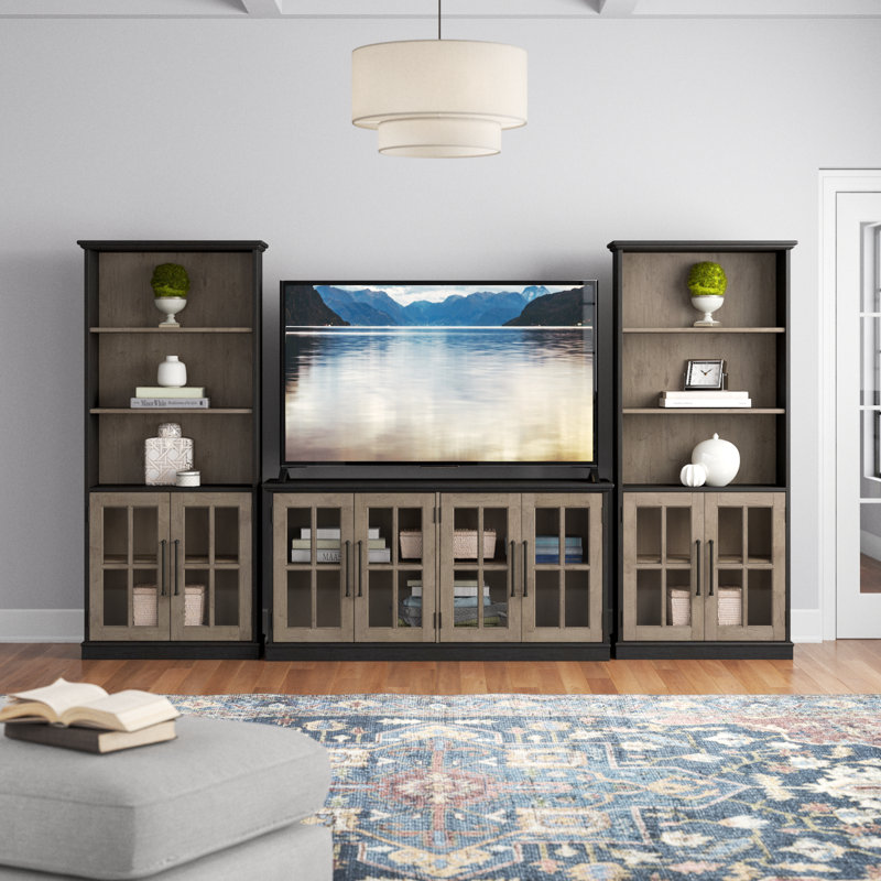 Arantza Entertainment Center for TVs up to 75" with Bookcases, Vintage Black/Restored Tan Hickory