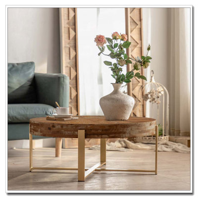 Round Coffee Table,Fir Wood Table Top with Gold Cross Legs Base