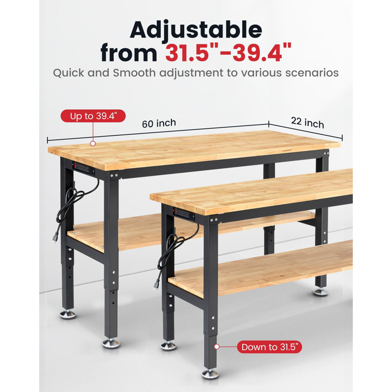 Solid Wood Top Height-Adjustable Workbench, 39.4" H x 60" W x 22" D
