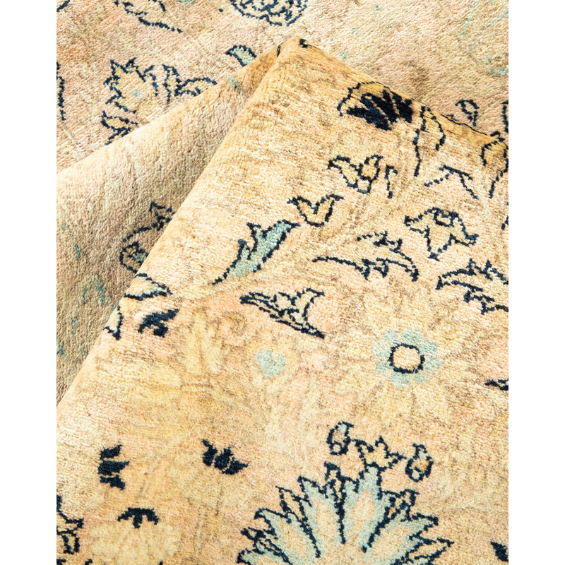 Tapis ivoire / bleu noué à la main de conception unique 6 pi 2 po x 9 pi Sholom