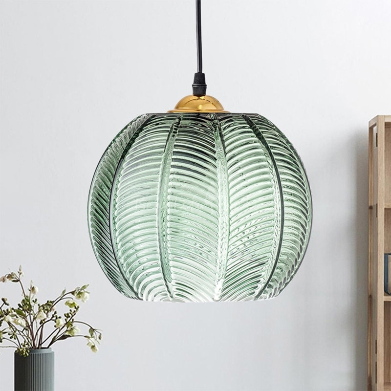 Plafonnier suspendu en forme de citrouille de style moderne en verre nervuré vert, H 10 po x l 10 po x P 10 po