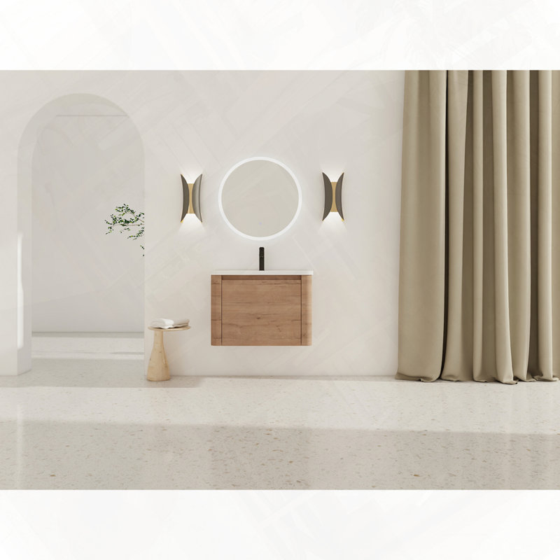 Meuble-lavabo mural avec lavabo en céramique et porte à fermeture en douceur, Imitation chêne, 28"