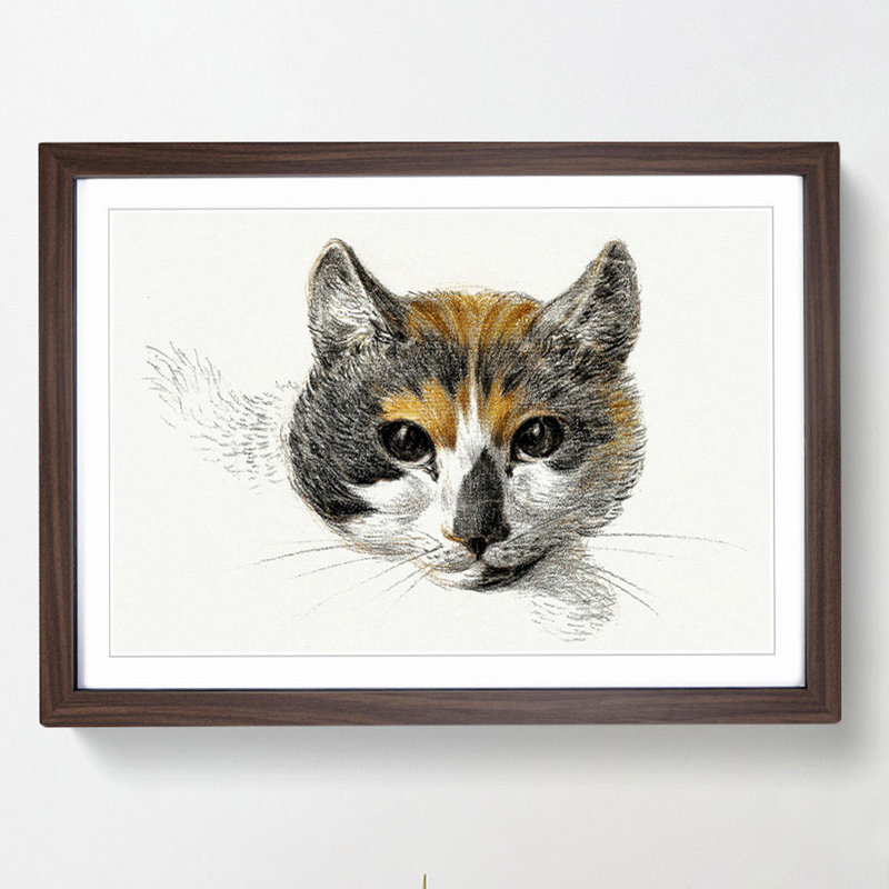 Head of a Calico Cat - Picture Frame Painting Print, 27cm H x 36cm W x 2cm D, Walnut Framed