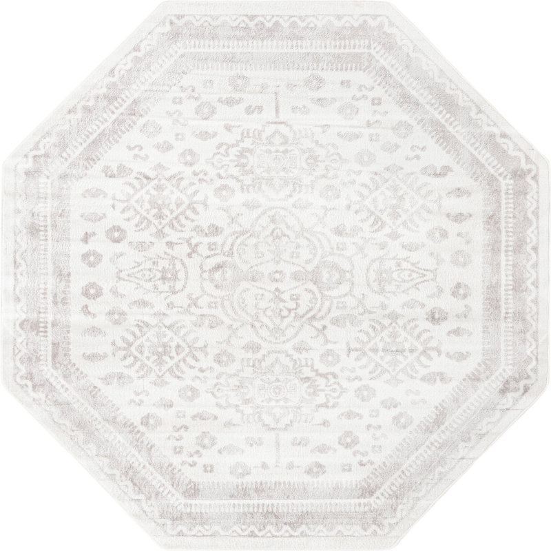 Tapis oriental en polypropylène gris / ivoire Ervine, Octogone 7 pi 1 po x 7 pi 1 po