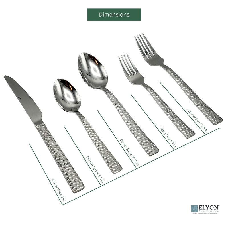 Elyon Hammered Reflective Silver 60-piece Flatware Set, Stainless Steel, Service For 12