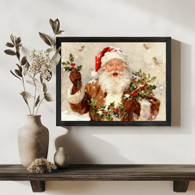 Art mural encadré noir, père Noël dans la neige et branches de houx de Noël, aquarelle sur le thème de Noël, impressions encadrées
