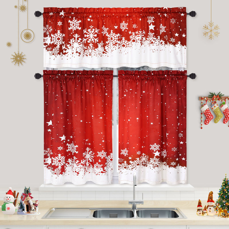 Cantonnière de Noël de Noël avec motif de flocon de neige obscurcissant et isolant pour fenêtre 52 x 15 po, Rouge