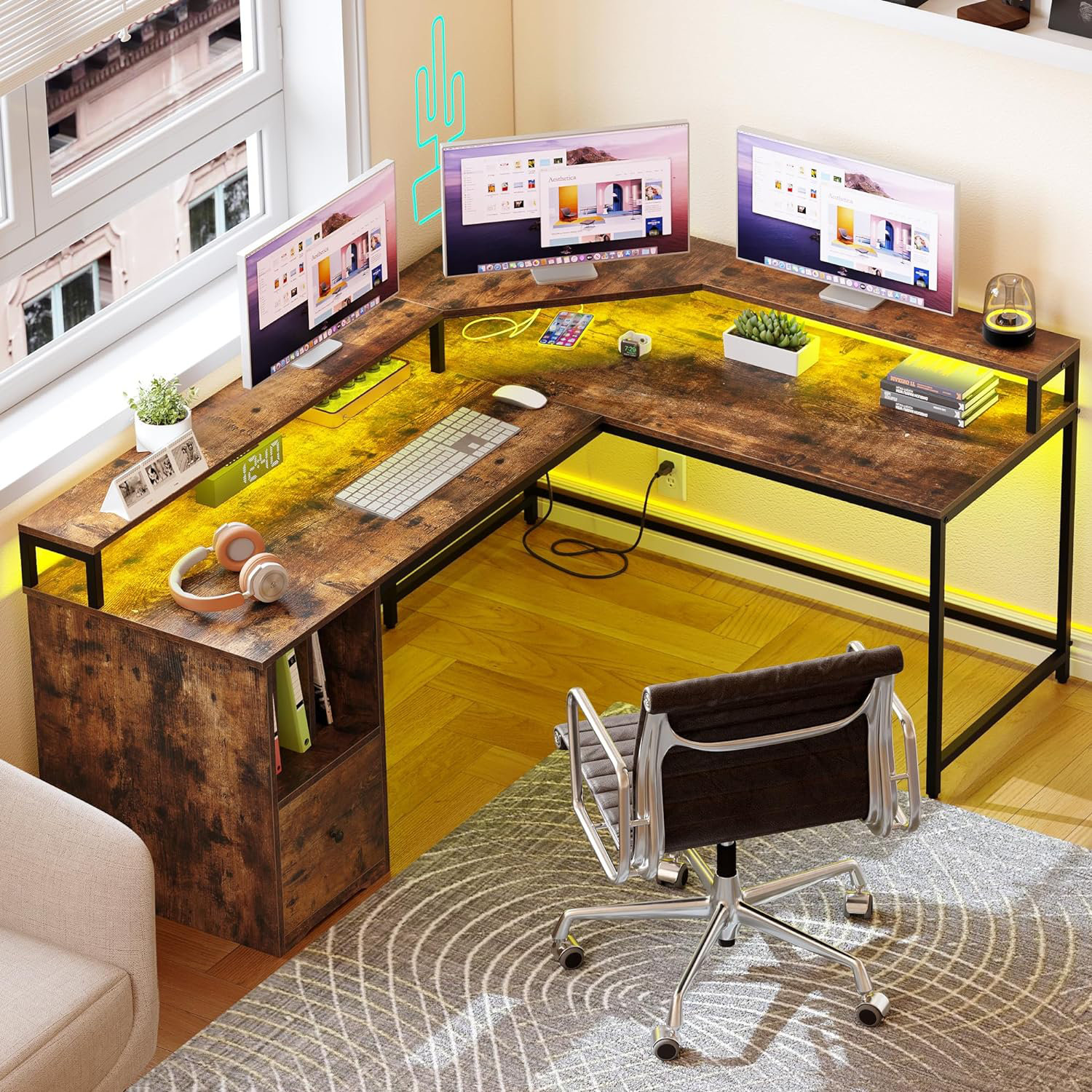 17 Stories L Shaped Desk With Power Outlets & LED Lights, 67