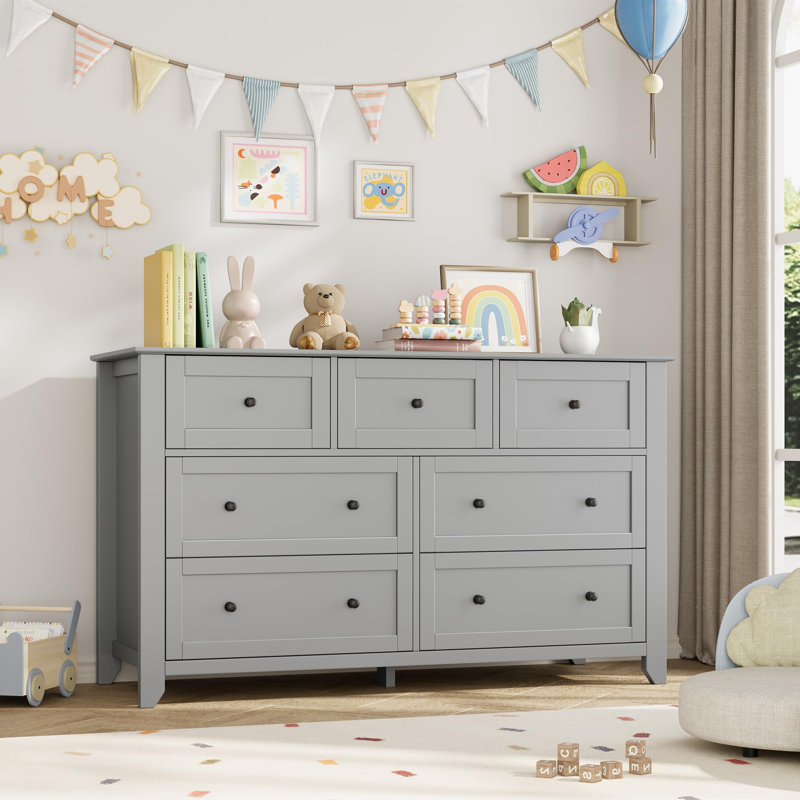 7 Drawer Dresser for Bedroom, 54" Wide Large Dresser with Deep Drawers & Metal Knobs, Modern Wooden Chests of Drawers, Gray