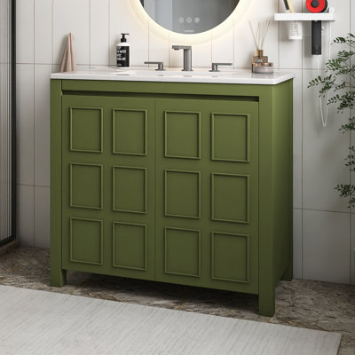 36'' Solid Wood And MDF Frame Freestanding Bathroom Vanity Set With Integrated Ceramic Top In Olive Green