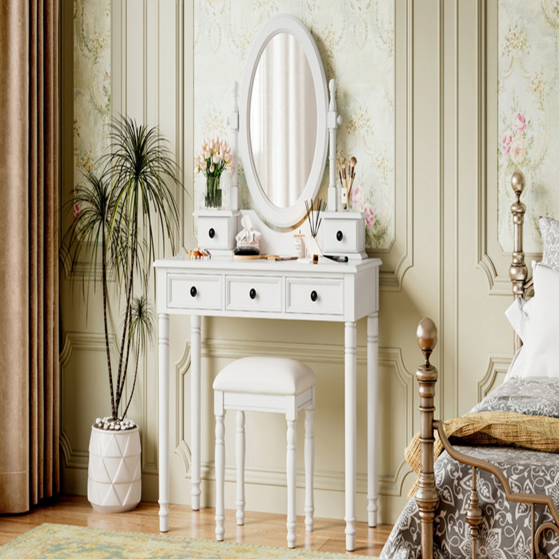 Vintage Vanity Makeup Table and Cushioned Stool Set with Velvet Fabric Lining 5 Drawers, White