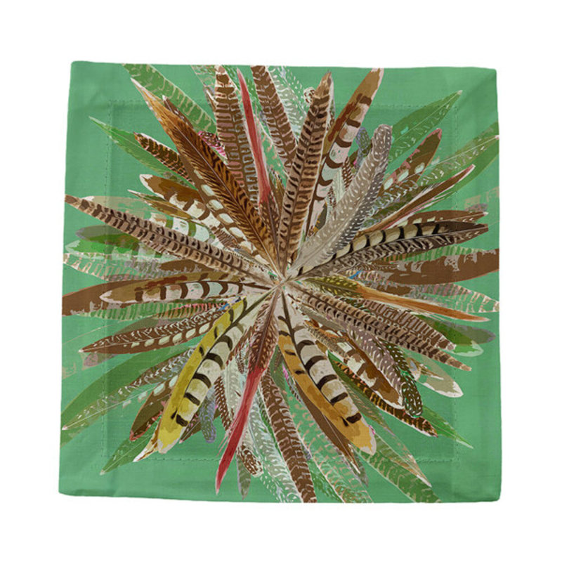 Pheasant Feathers Cotton Sateen Cocktail Napkins, Green