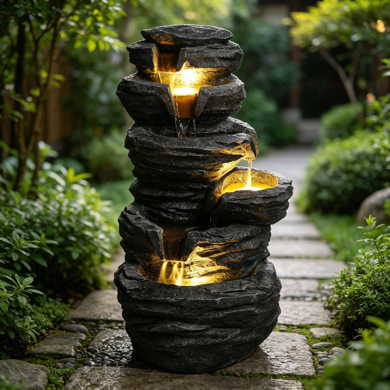 Fontaine d'extérieur avec lumières DEL, fontaine de jardin en résine empilée en pierre de 25,6 po, Noir