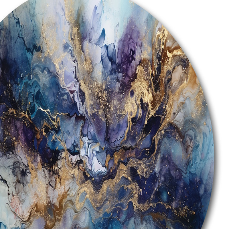 Encre liquide dorée captivante liquide I - marbre abstrait rond, art mural en métal, H 29 po x l 29 po x P 1 po
