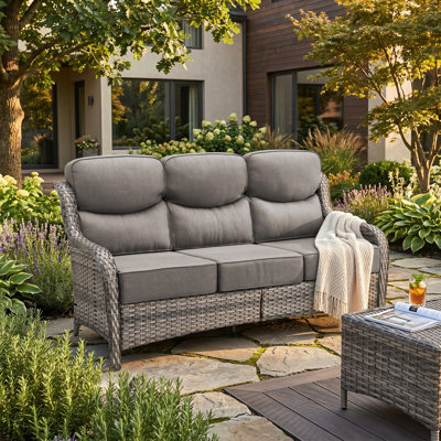 Meriline 75" Wide Straight Outdoor Wicker Patio Sofa With 6" Thick Cushions