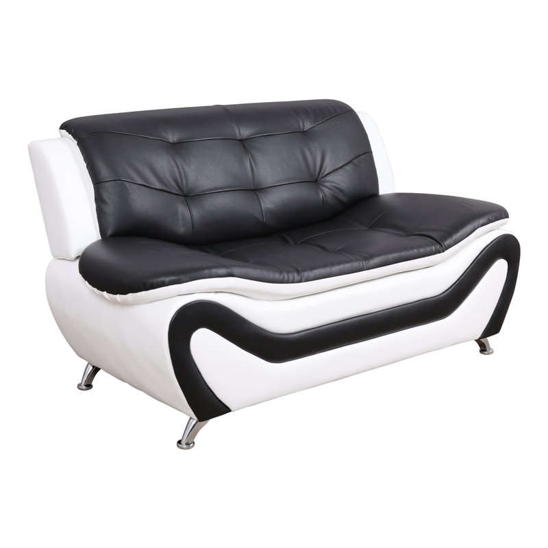 Ensemble de canapé de salon noir et blanc en similicuir 2 pièces avec coussins capitonnés et accoudoirs à plateau-coussin