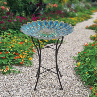 Triton 18" Outdoor Solar Glass Flower Mosaic Birdbath with LED Lights