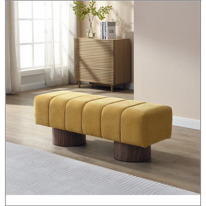 Upholstered Dining Bench for Dining Room, No-Assembly End of Bed Entryway Bench Ottoman for Bedroom Living Room, Yellow Chenille Fabric Stool Top Wood Leg 300 LBS Weight Capacity