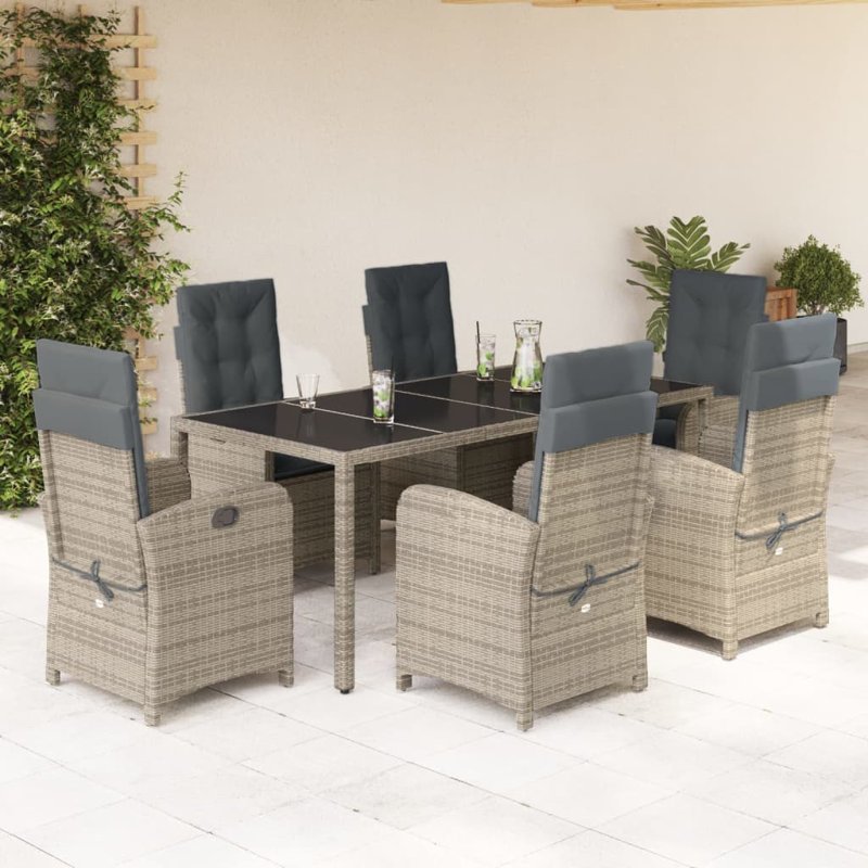 Rosecliff Heights 7 Piece Patio Dining Set With Cushions Gray Poly Rattan, 29.5" H x 35.4" W x 74.8" L