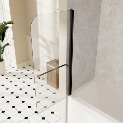 34" W x 58" H Bathtub Shower Door, 180 Degrees Pivot Tub Shower Glass Door with 1/4" (6mm) Tempered Glass and Towel Bar, Matte Black Finish, Explosion-Proof Film, Stainless Steel
