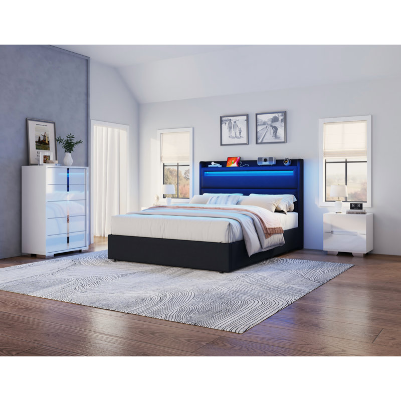 Berneil Upholstered Bed Frame with RGBW LED Lights Headboard & 4 Storage Drawers