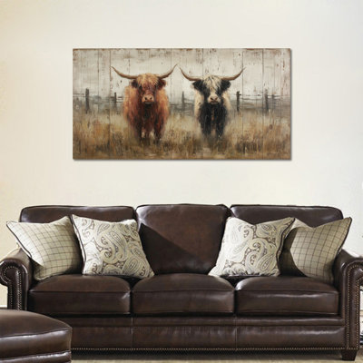 Art mural sur toile Highland Cow, rustique, photos d'animaux de ferme rustiques, peinture de tons terreux sereins, image de vache Highland texturée pour chambre à coucher, salon 12 x 24 po