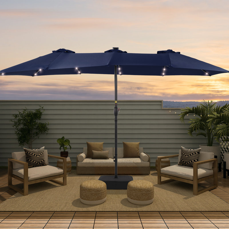 Parasol de marché solaire à DEL 15 pi x 9 pi avec base Mabry, Bleu marine
