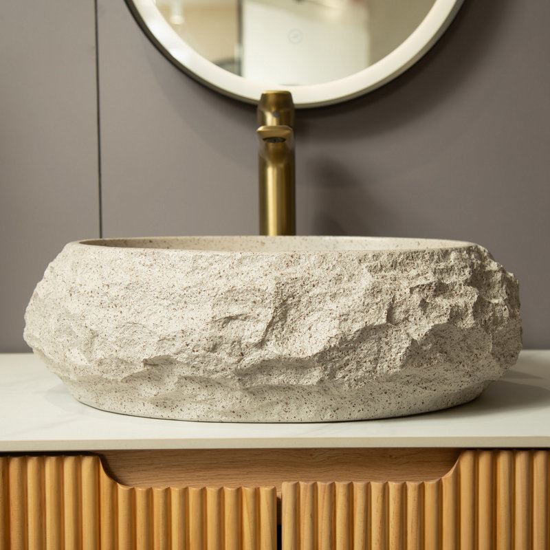 Bathroom Sink, Oval Resin Vessel Basin With Stone Pattern, Beige
