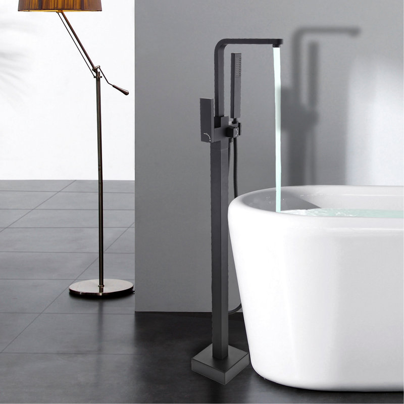 Robinet de baignoire autoportant avec douche noire matte et douche en métal massif à jet manuel, finition