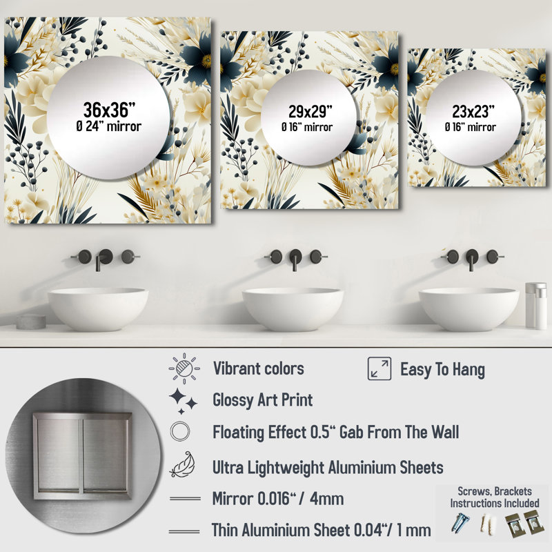 Neutral Flowers Accents - Bohemian & Eclectic Square Mirror Wall Art For Bathroom, 36" x 36"