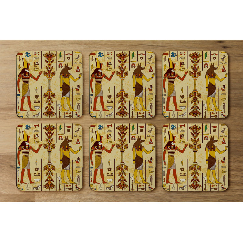 Square 6 Piece Coaster Set, Dark Brown/Red/Yellow